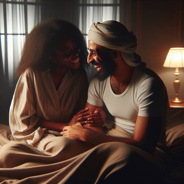 An intimate couple in a softly lit bedroom, laughing and talking openly. A gentle and warm atmosphere suggests a deep connection and trust between the individuals.