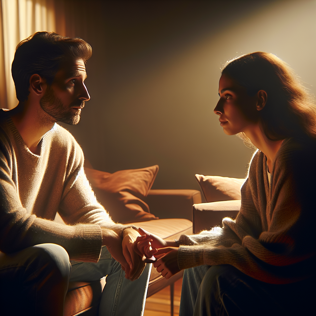 A gentle and respectful conversation between a couple, sitting in a cozy and intimate setting, with soft lighting and warm tones, illustrating a calm and mature breakup moment.