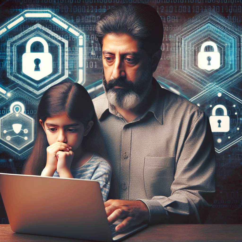 Image of a concerned parent monitoring a child's internet use on a laptop, symbolizing protection against online age-inappropriate content, with a background representing online security.