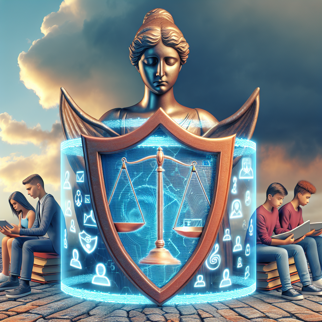 A justice symbolically shielding young individuals from harmful online content, portrayed through an illustration of a robust legal barrier between a group of diverse, modern youths and hazy digital content symbols, under a serene sky.