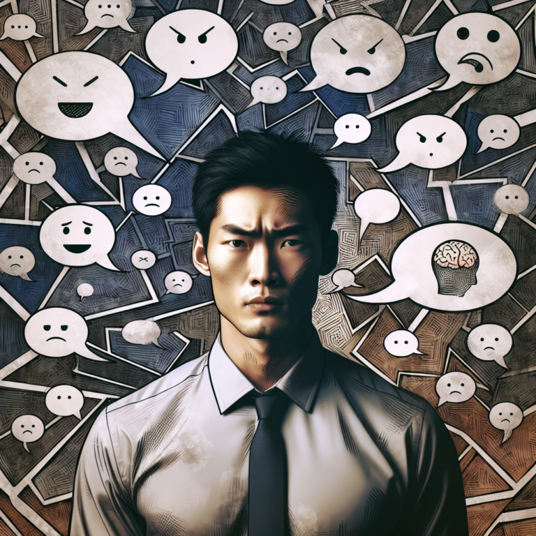 A concerned person surrounded by floating speech bubbles containing manipulative phrases, set against a background that subtly resembles a psychological maze. The image should convey a sense of awareness and resilience.