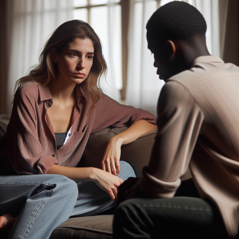 A couple sitting on a sofa, one partner looking frustrated while the other is turning away, symbolizing emotional distance and communication blockage. The room is softly lit, conveying a sense of intimacy and tension.