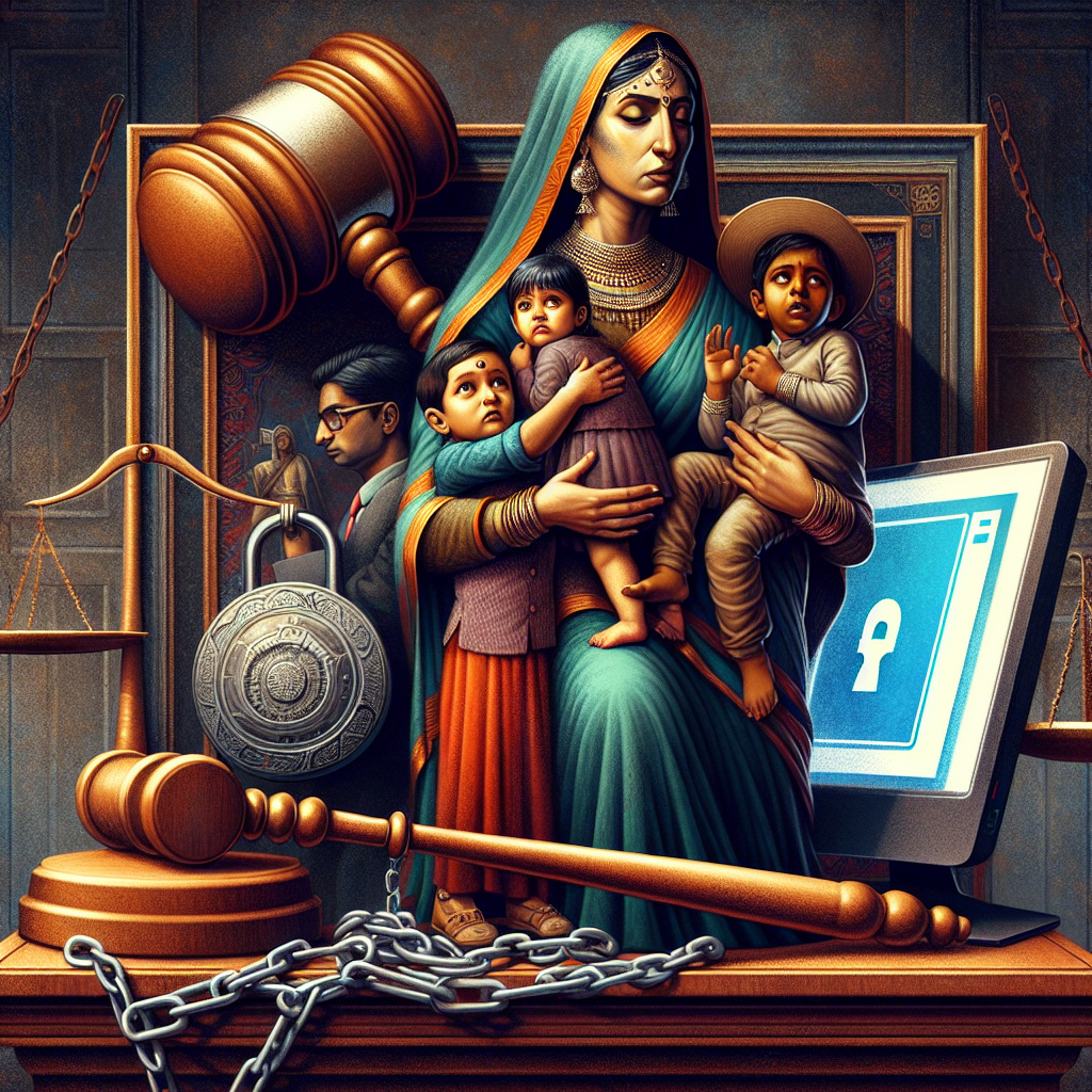 A symbolic image depicting justice protecting children from online dangers, with a gavel and a computer with a locked screen in the background, emphasizing security and safety for the young.