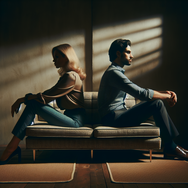 An image of a couple sitting on opposite sides of a couch, looking away from each other in a dimly lit room. They appear disconnected, with a visible gap between them symbolizing emotional divide.