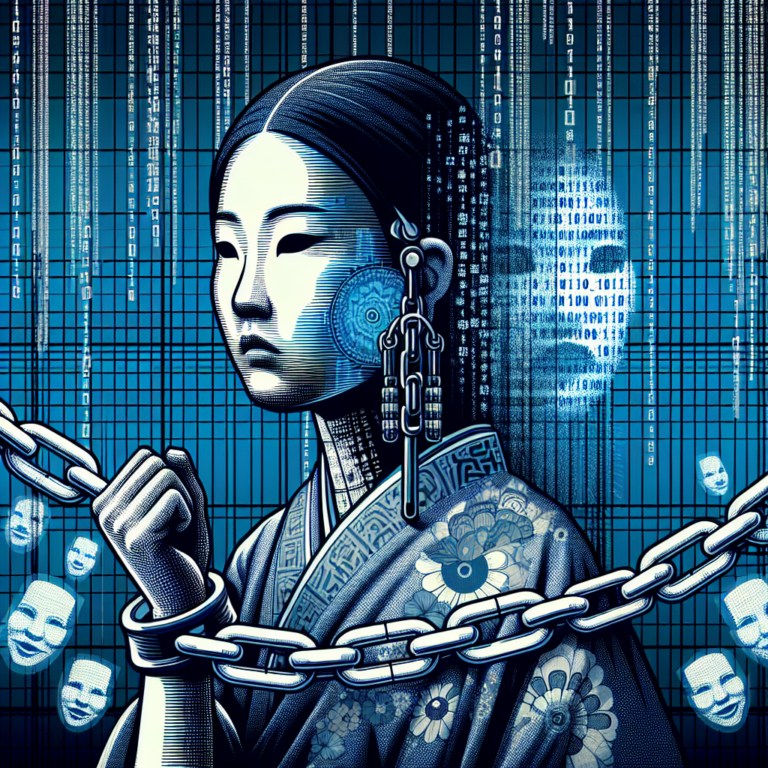 An impactful and thought-provoking illustration representing the digital struggle against deepfake pornography in South Korea, depicting a symbolic female figure feeling trapped by digital chains against a backdrop of binary code and virtual faces.