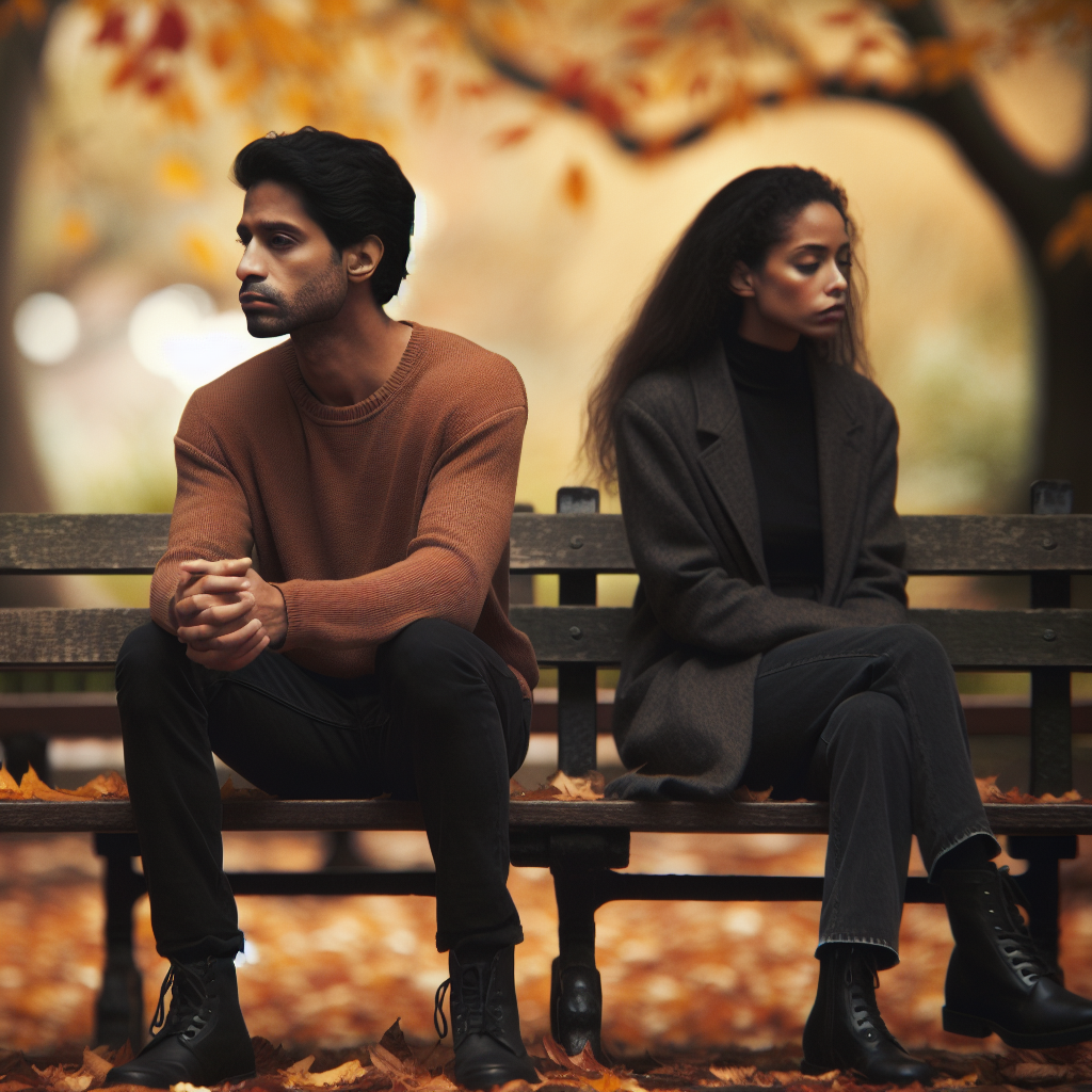 A thoughtful couple sitting apart on a park bench, with a soft, blurred background of autumn leaves, reflecting emotional distance.