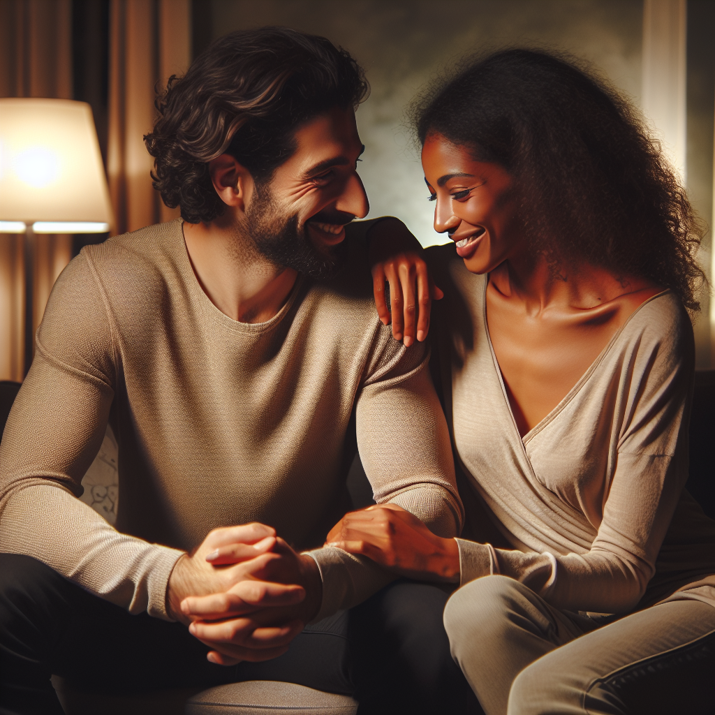 A warm, romantic setting with a couple sitting in a cozy, softly lit room, gently talking and smiling at each other, symbolizing open communication in an intimate relationship.