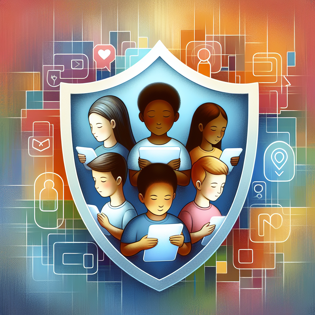 A symbolic image showing a protective shield around children using digital devices, abstract representation of online safety and child protection; soft colors, digital art style.