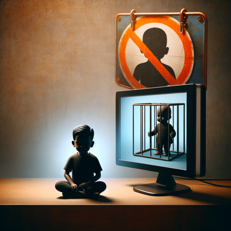 A powerful image symbolizing the protection of children from digital dangers, featuring a computer screen with a "blocked" sign and a child silhouette safely behind a shield. The ambiance should be serious yet hopeful, focusing on safety and awareness.