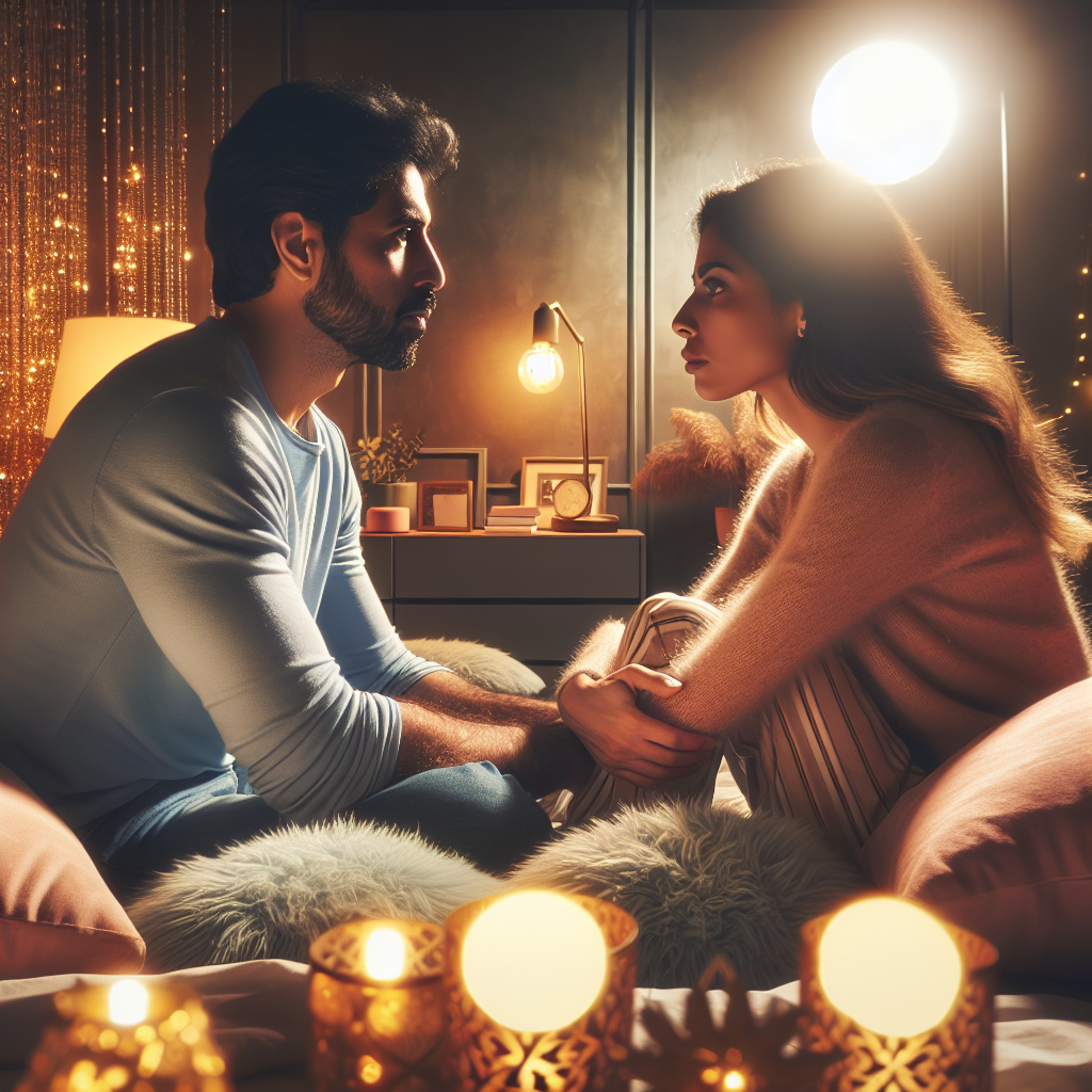 A couple having a candid conversation in a cozy bedroom setting. The atmosphere is warm and inviting with soft lighting, representing intimacy and open communication in a relationship.