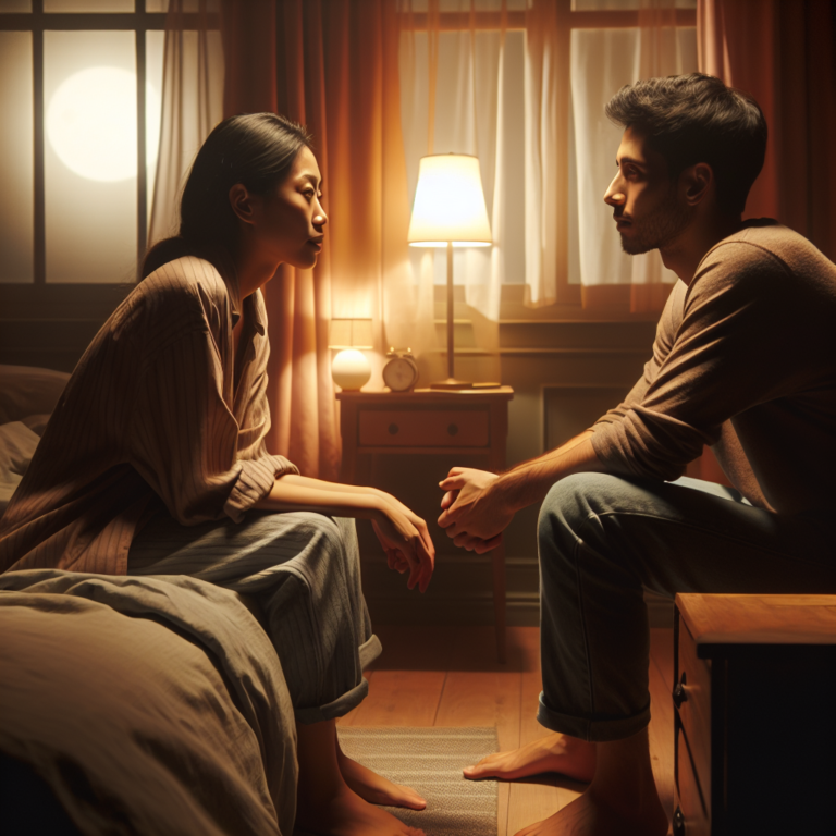 A couple in a softly lit bedroom, engaged in a tender and open conversation. The atmosphere is intimate and comforting, with warm colors and subtle expressions of affection. The setting suggests openness and trust, portraying the scene as a moment of honest communication.