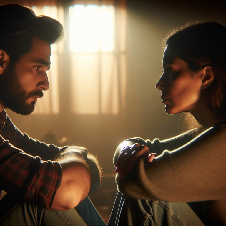 An emotionally sensitive and respectful breakup scene, featuring two people sitting in a warm and calm setting, having a serious conversation. The image reflects empathy, understanding, and mutual respect.