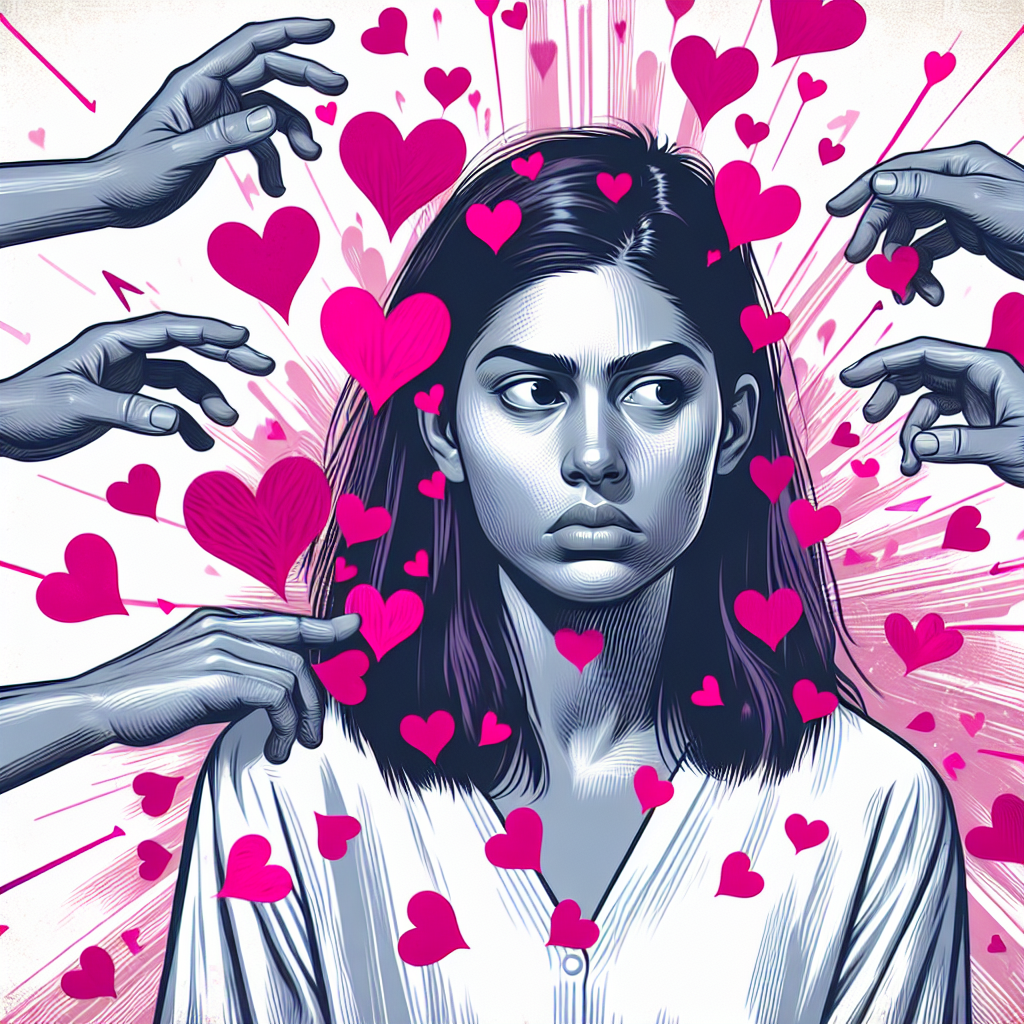 An artistic illustration of a person overwhelmed by a bombardment of pink hearts and love symbols, representing emotional manipulation, with a confused and wary expression.