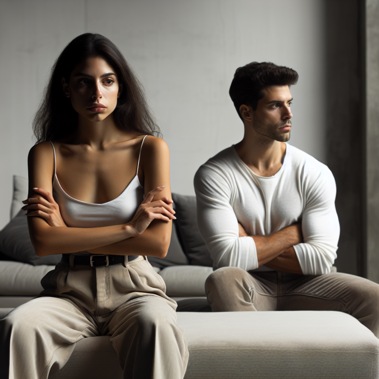 A couple sitting on a couch, one partner turning away with arms crossed, symbolizing emotional distance and stonewalling. The setting is minimalistic to highlight the emotional tension between the couple.