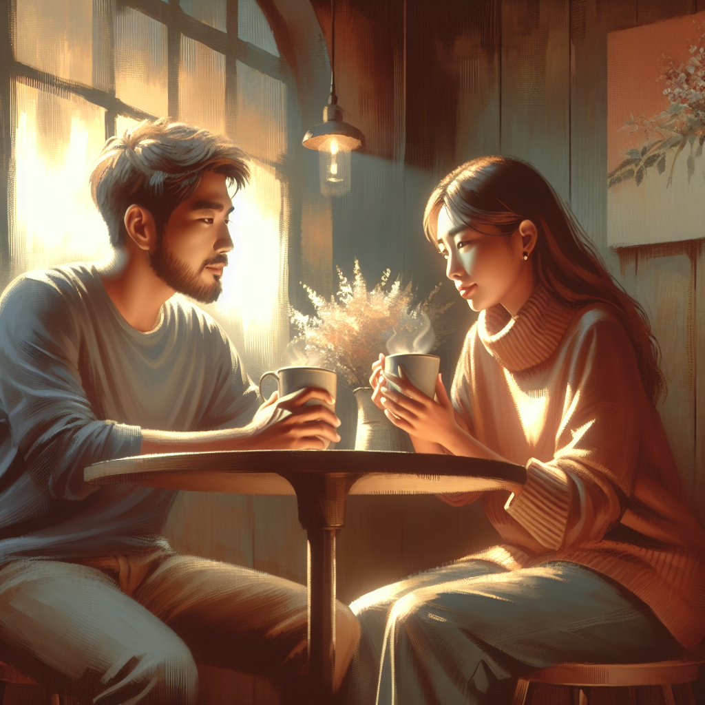 A serene and compassionate illustration showing two individuals having a heartfelt conversation, seated at a café, expressing emotions with understanding and respect. Soft, warm colors to evoke a sense of calm and empathy.