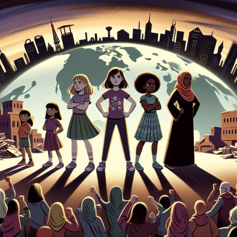 A poignant and impactful image depicting the global issue of sexual violence against young girls. The image should convey a sense of urgency and global scale, featuring symbolic representations of young girls from diverse ethnic backgrounds standing together, united against the backdrop of a dark, oppressive environment symbolizing the threat of violence.