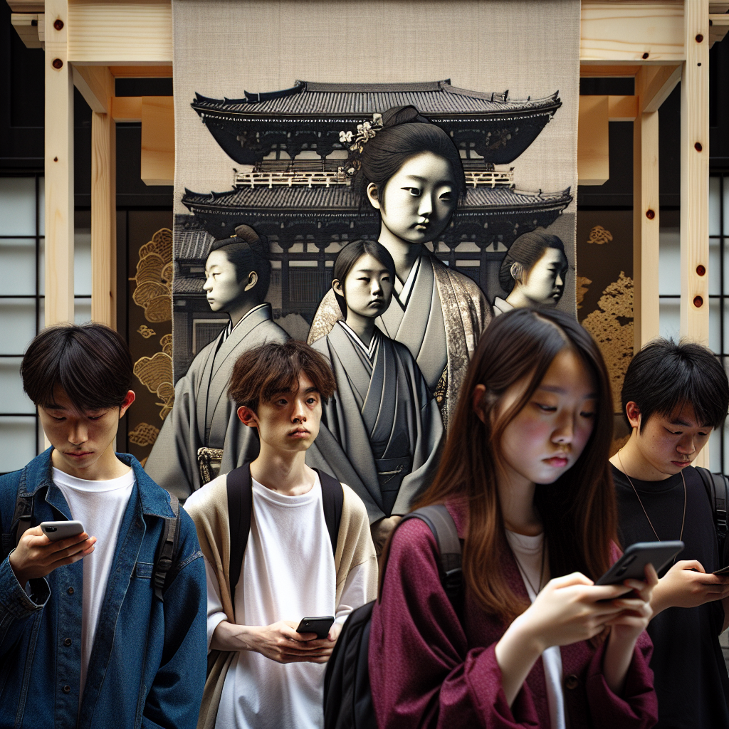 A group of Japanese teenagers in a modern urban setting, looking detachedly while using smartphones. The background shows a subtle depiction of traditional Japanese culture, symbolizing the contrast between modernity and tradition. There should be a hint of melancholy or introspection in the scene.