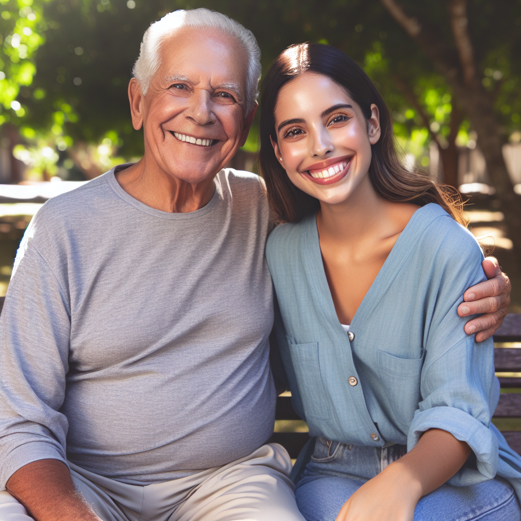 A diverse couple with a noticeable age gap, smiling and happy, sitting together on a park bench. They exude confidence and joy, surrounded by a sunny, peaceful environment.