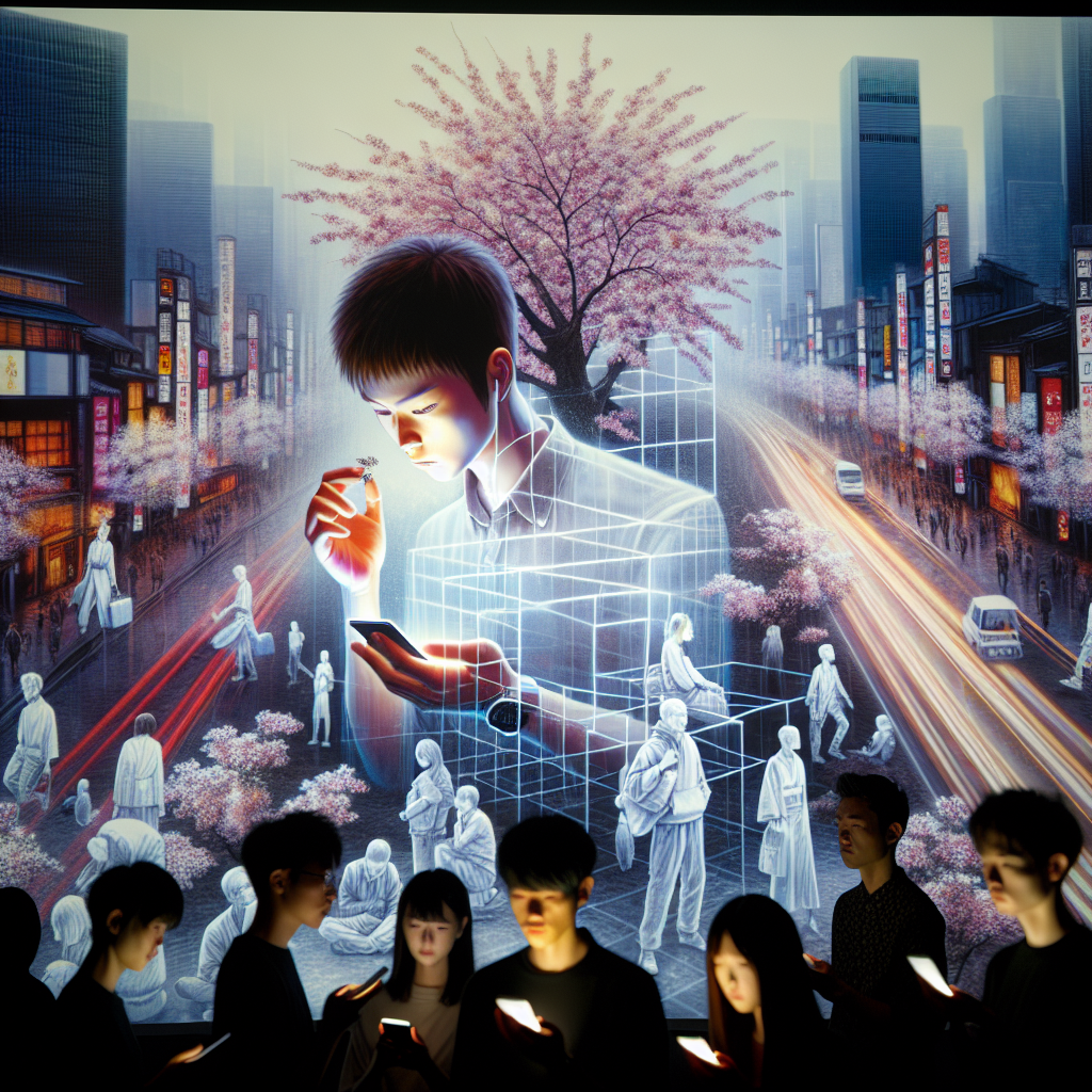 A scene depicting young Japanese individuals in a modern urban setting, interacting with digital devices, with an ethereal backdrop showcasing cherry blossoms. The atmosphere should convey a sense of distance and reflection, capturing the subtle cultural shift away from traditional physical intimacy.