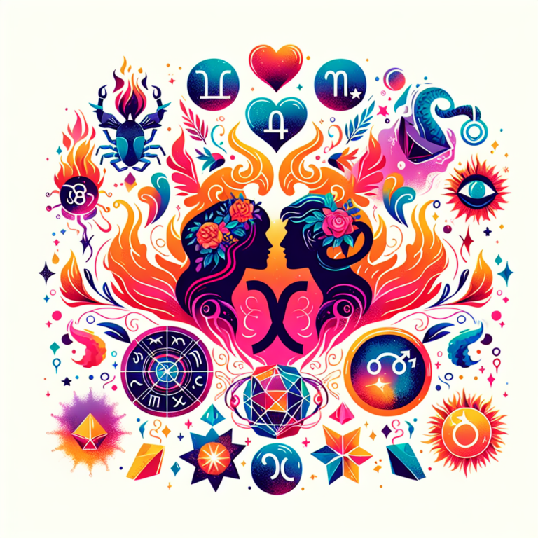 A vibrant illustration depicting astrology symbols and names with a romantic theme, highlighting compatibility and attraction in a colorful and mystic style.