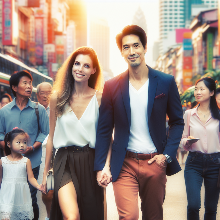 A diverse couple walking hand in hand through a vibrant, colorful city street, surrounded by people of different ages looking on with expressions of curiosity, acceptance, and understanding. The couple should appear confident and happy, with a noticeable age gap, embodying the theme of love transcending age differences.