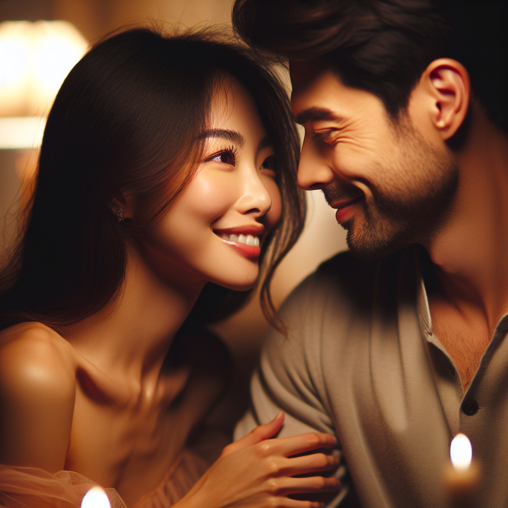 A romantic scene with a woman smiling and looking deeply into the eyes of her partner, conveying love and affection, in a softly lit, intimate setting.