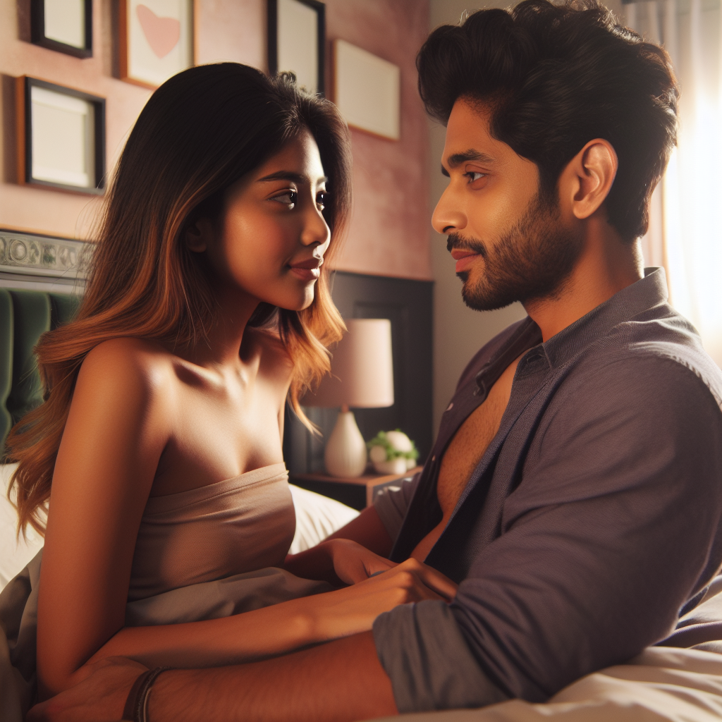 A couple in a peaceful, bedroom setting, exchanging intimate and trusting glances, while preparing for an intimate experience. The room is softly lit, with warm tones and subtle décor, emphasizing comfort and trust between the partners. Visual focus on gentle communication and preparation.