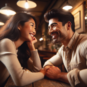 A romantic couple sitting at a cozy café. They are smiling and having a lively conversation, surrounded by soft ambient lighting. They're depicted in a warm, intimate setting, illustrating the beginning of a loving relationship.