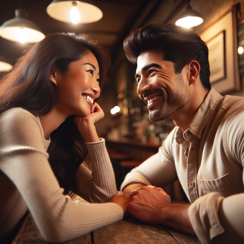 A romantic couple sitting at a cozy café. They are smiling and having a lively conversation, surrounded by soft ambient lighting. They're depicted in a warm, intimate setting, illustrating the beginning of a loving relationship.