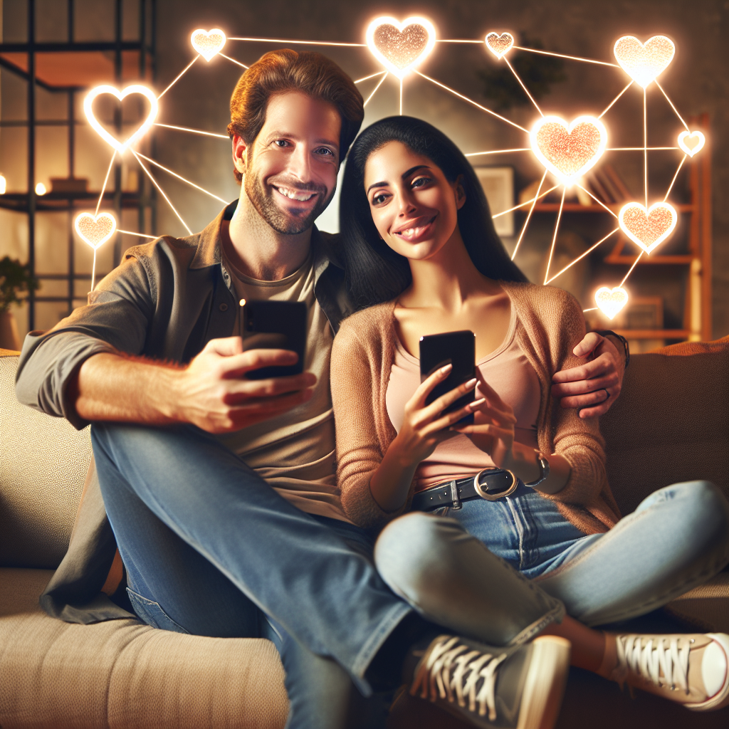 A couple sitting together on a cozy sofa, both holding smartphones and smiling, surrounded by heart icons and digital connection symbols indicating love and relationship improvement apps.