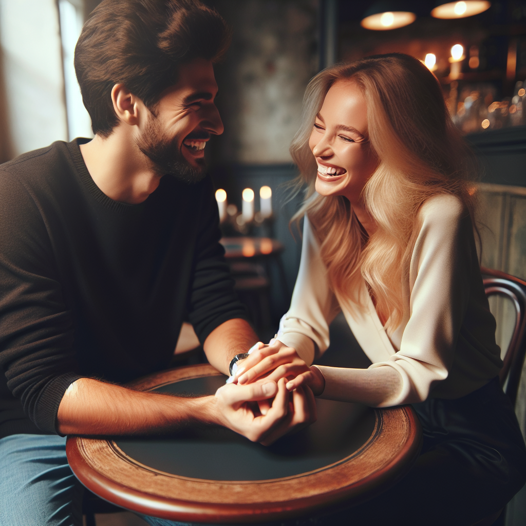 A romantic couple at a cozy cafe, holding hands and laughing, reflecting the initial bliss and excitement of a new relationship.