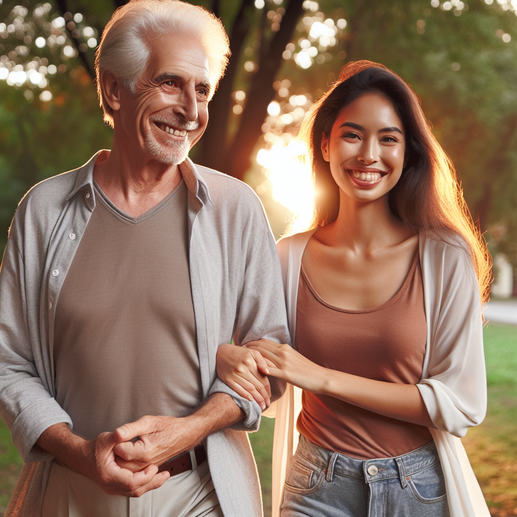 A diverse couple, man and woman, of different ages walking together in a park, happy and in love. The older partner is gray-haired while the younger partner is vibrant and energetic. They are holding hands, with a warm sunset in the background, symbolizing love transcending age.