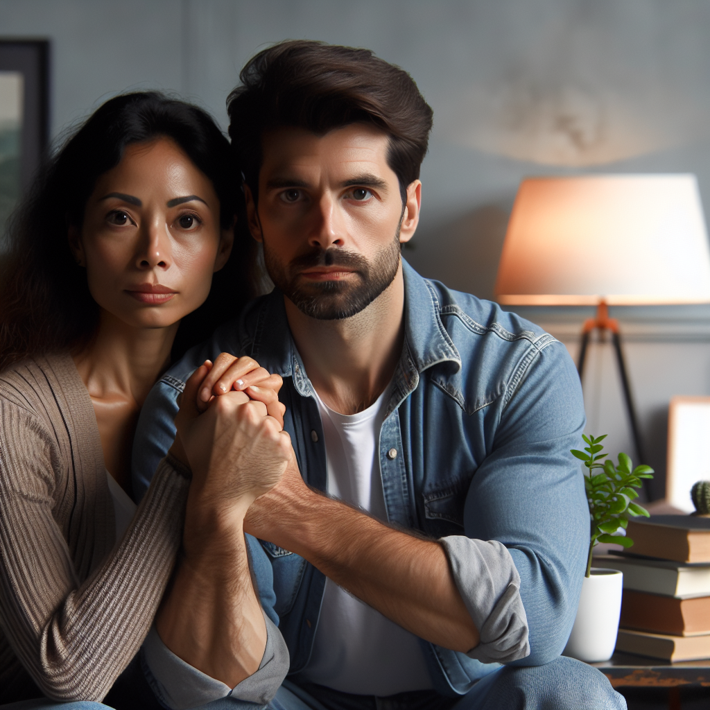 A couple in a reflective pose, facing challenges together with a determined look, in a cozy home environment that symbolizes different stages of a relationship.