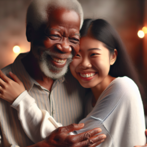 An image depicting a diverse couple with a significant age difference enjoying a joyful and intimate moment together, in a setting that highlights love and acceptance despite age differences.