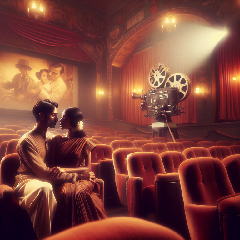 A sensual and dreamy scene inspired by classic romantic films, featuring a couple in an intimate, embracing pose in a softly lit, vintage cinema setting. Dim lighting, plush seats, and a retro film projector in the background, evoking nostalgia and romantic nostalgia.