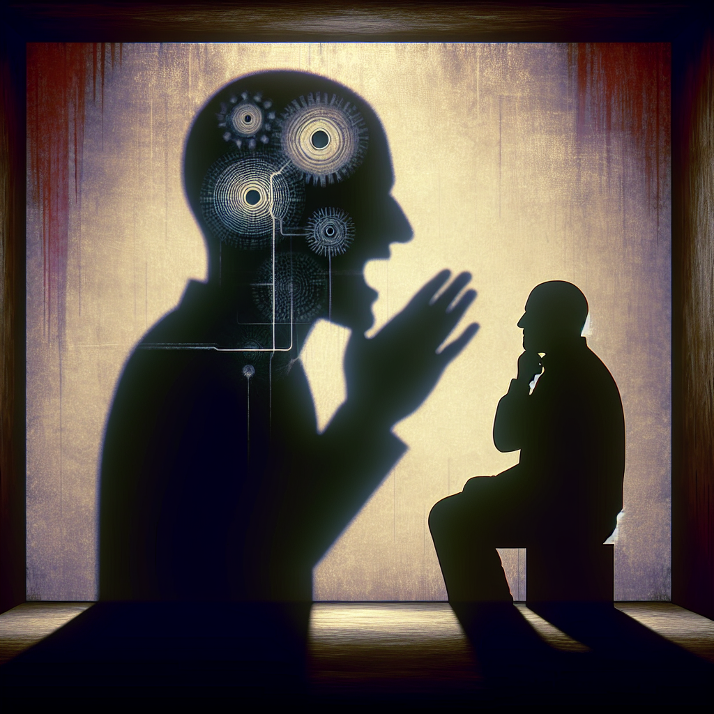 A thoughtful illustration depicting the shadows of a person whispering manipulative phrases, representing the subtle manipulation tactics of narcissistic abusers. The scene is set in a dimly lit room, with emphasis on the emotional struggle of the victim trying to break free from the psychological hold.