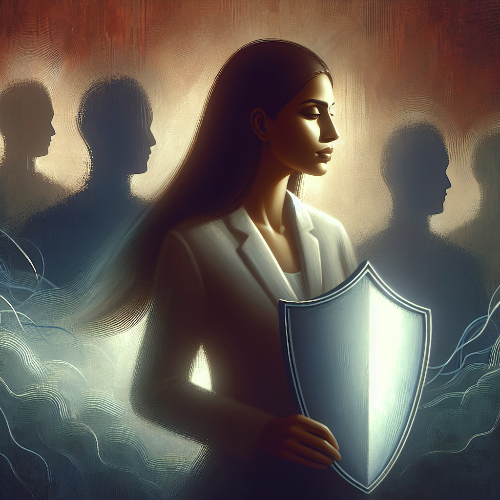 A serene woman confidently standing with a shield, symbolizing emotional protection, surrounded by shadowy, abstract figures. The image should convey a sense of empowerment and resilience against manipulation, with soft, calming colors and a focus on strength and clarity.