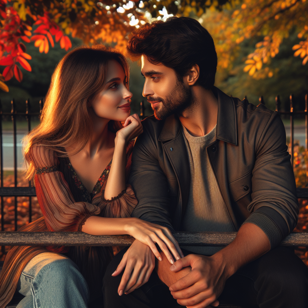 A romantic couple sitting on a park bench, looking at each other lovingly, surrounded by vibrant autumn leaves, capturing the essence of a new beginning in their relationship, with warm, golden lighting accentuating their smiles.