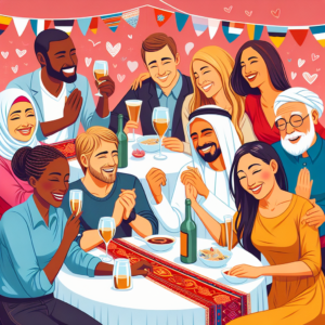 A diverse and colorful illustration of people from different nationalities engaging in a joyous celebration, symbolizing unity and diversity, with subtle romantic and sensual overtones.