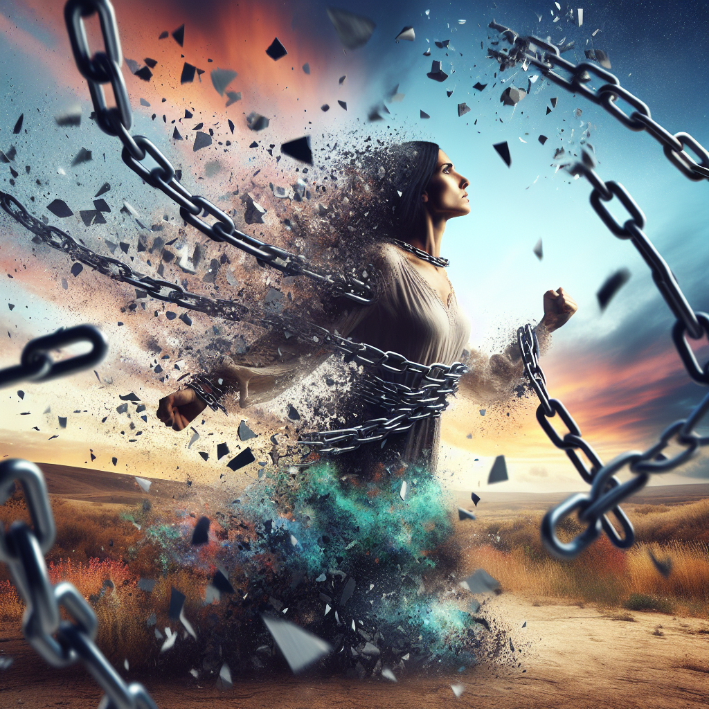 A conceptual illustration of a person breaking free from the chains of manipulation, symbolizing empowerment over psychological control. The background should convey a sense of freedom and strength, with abstract representations of phrases dissolving.