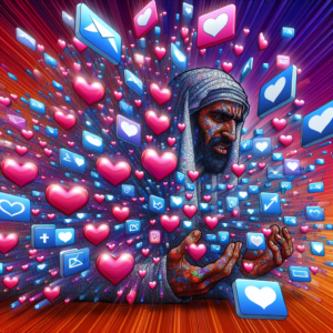 A conceptual illustration depicting a person being overwhelmed by an avalanche of digital love symbols such as hearts and love letters, symbolizing the concept of love bombing in relationships.