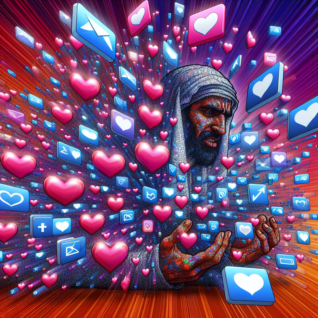 A conceptual illustration depicting a person being overwhelmed by an avalanche of digital love symbols such as hearts and love letters, symbolizing the concept of love bombing in relationships.