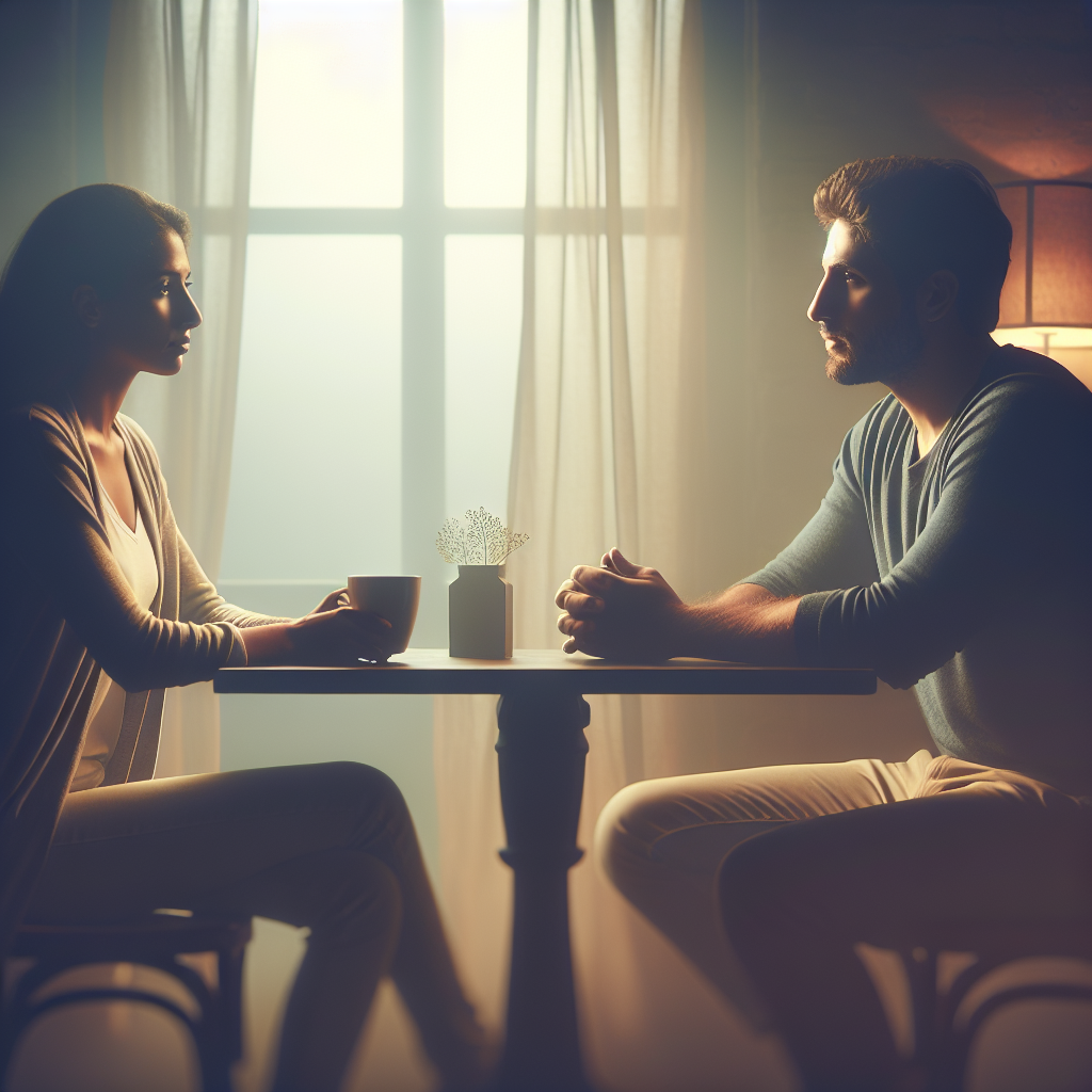 A serene scene depicting two people sitting across from each other at a café table, engaged in a calm and understanding conversation, with soft ambient lighting symbolizing a peaceful parting.