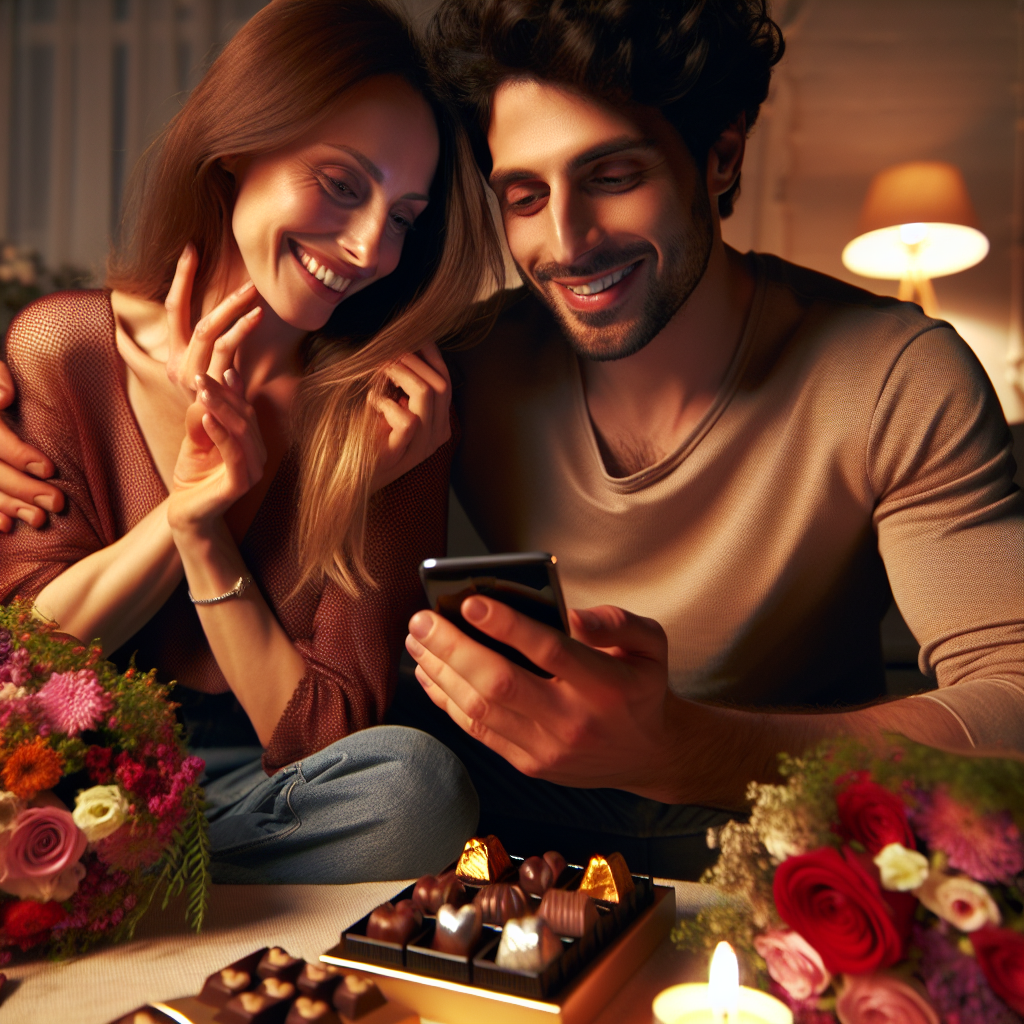 A romantic scene of a couple sitting together, exchanging text messages with smiles, surrounded by small surprises like flowers and chocolates, evoking a sense of love and thoughtfulness.