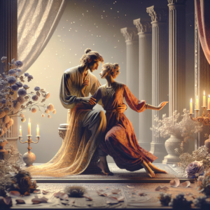 An artistic depiction of a couple exploring various intimate positions inspired by the Kamasutra, with a focus on tenderness and adventure, in a softly lit, romantic setting.