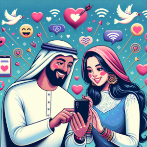 A vibrant and engaging illustration showing a diverse couple using a smartphone together, surrounded by symbols of love and connectivity, reflecting harmony and happiness in a modern digital setting.