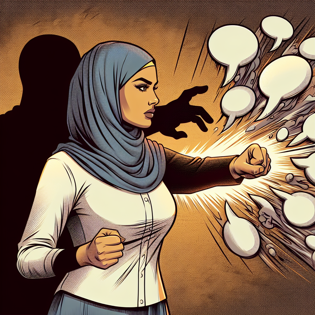 An illustration of a person confidently blocking negative speech bubbles coming from a shadowy figure, in a metaphorical representation of resisting manipulation and emotional abuse.