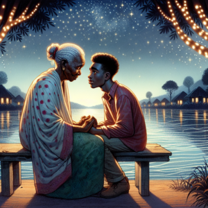 A heartfelt illustration of a couple with a noticeable age difference enjoying a moment of connection and love, in a serene and romantic setting.