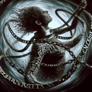 A symbolic image representing psychological manipulation, showing a figure surrounded by entangled words and phrases in a dark, surreal setting, emphasizing the concept of narcissistic control.