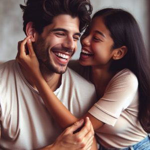 A couple in an intimate setting, playfully biting each other with smiles and affection, capturing a moment of tenderness and amusement.